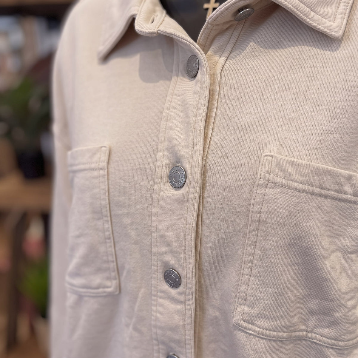 Be Cool Denim Look Shacket | Ecru — Fabric and detail close-up