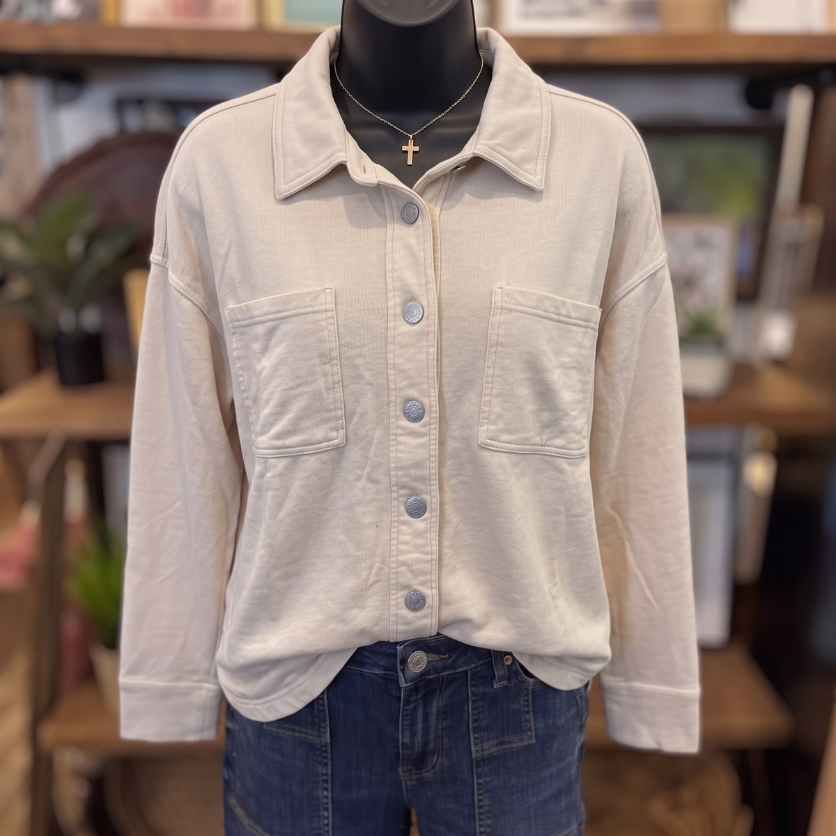 Be Cool Denim Look Shacket | Ecru — Front view on mannequin