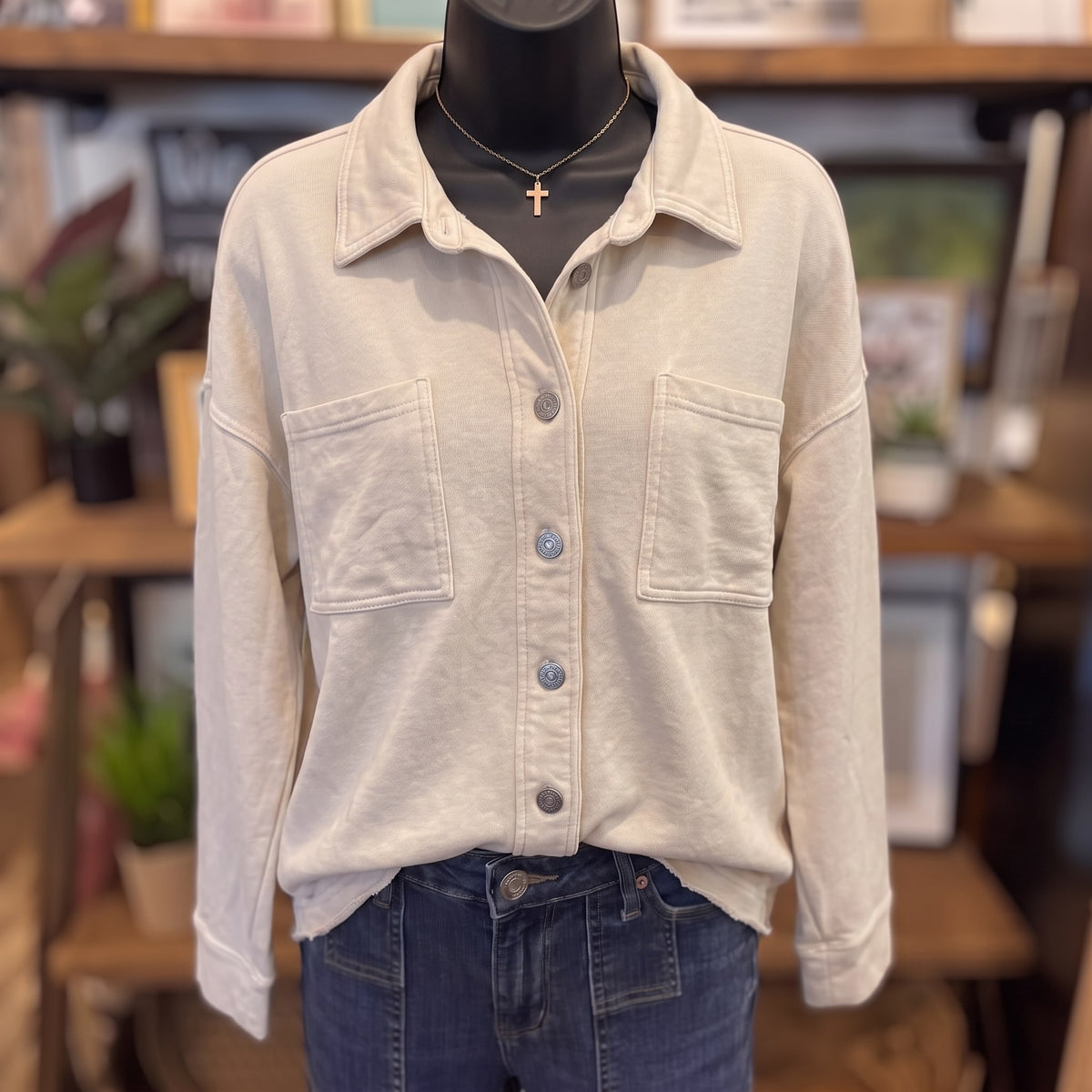 Be Cool Denim Look Shacket | Ecru — Front view