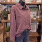 Be Cool Denim Look Shacket | Raisin — Angled view on mannequin