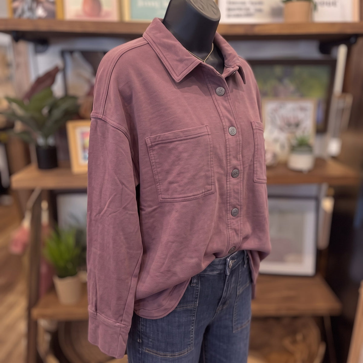 Be Cool Denim Look Shacket | Raisin — Angled view on mannequin