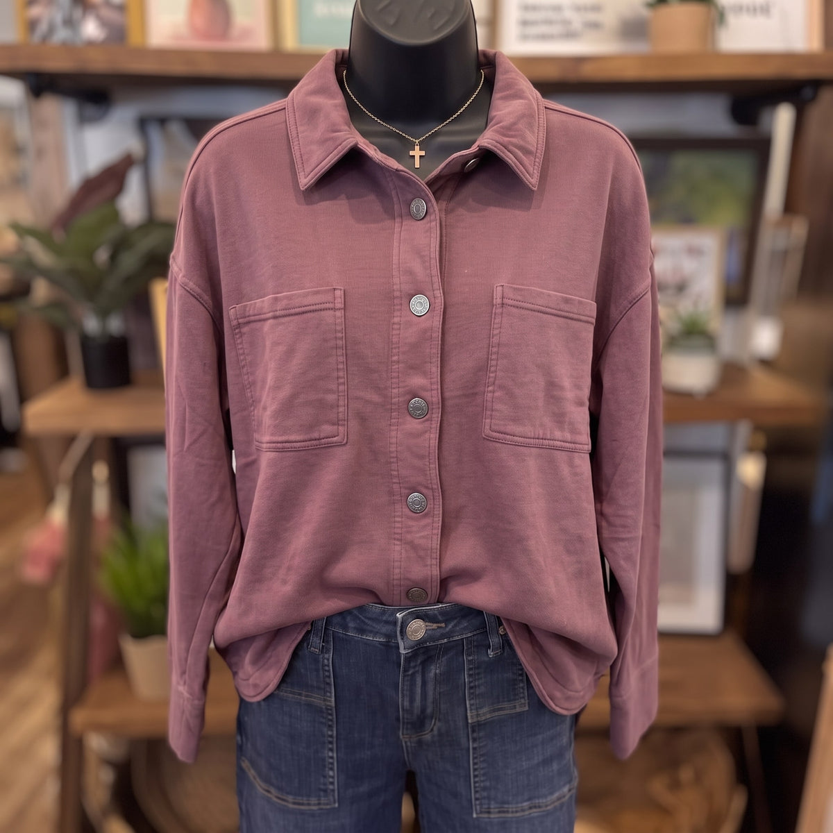 Be Cool Denim Look Shacket | Raisin — Front view on mannequin
