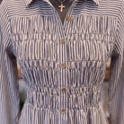 Striped Shirred Shirt Dress | Navy — Detail close-up