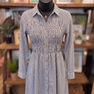 Striped Shirred Shirt Dress | Navy — Front view