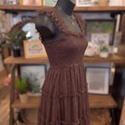 Polka Dot Tiered Midi Dress | Brown — Angled view