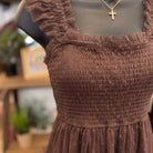 Polka Dot Tiered Midi Dress | Brown — Detail close-up