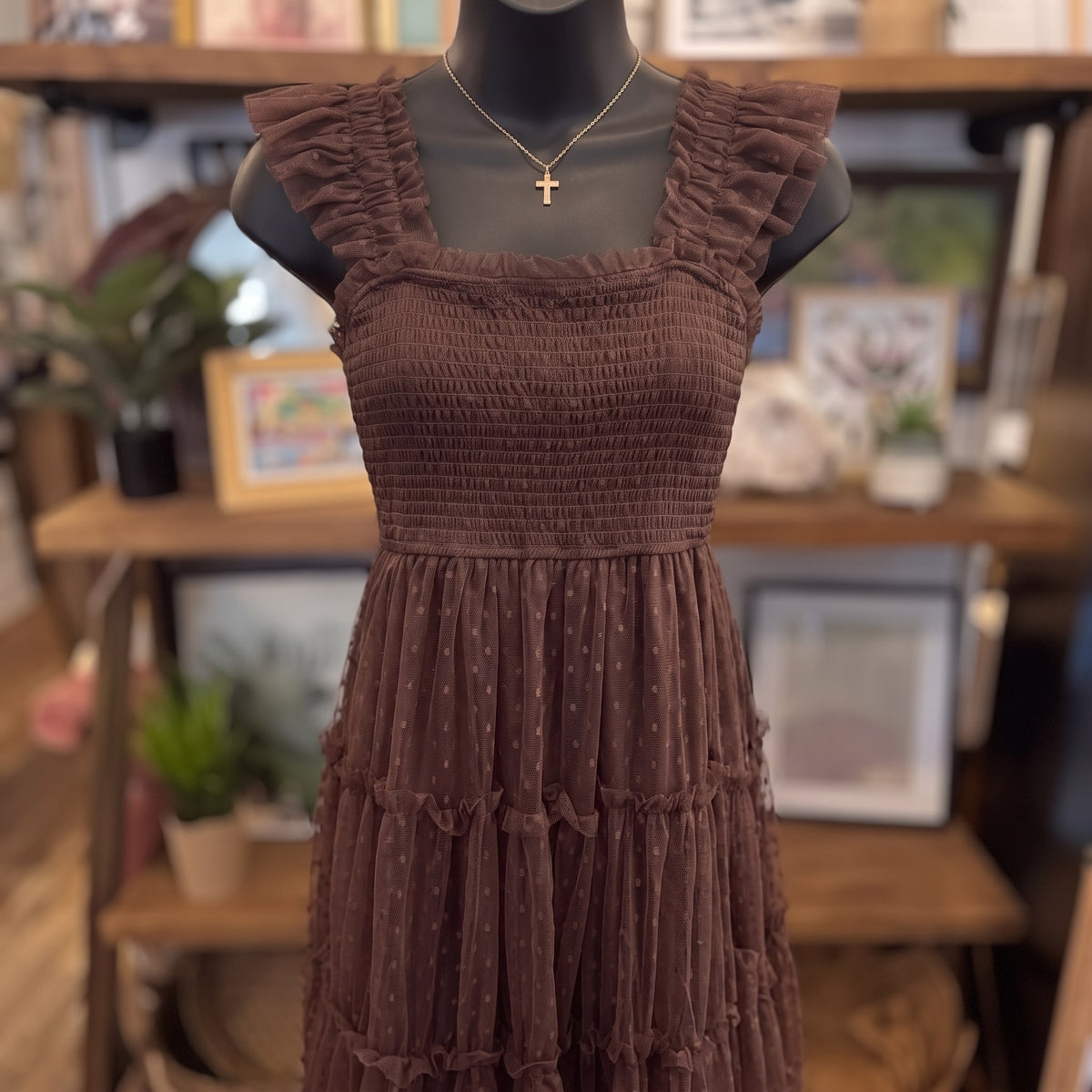 Polka Dot Tiered Midi Dress | Brown — Front view