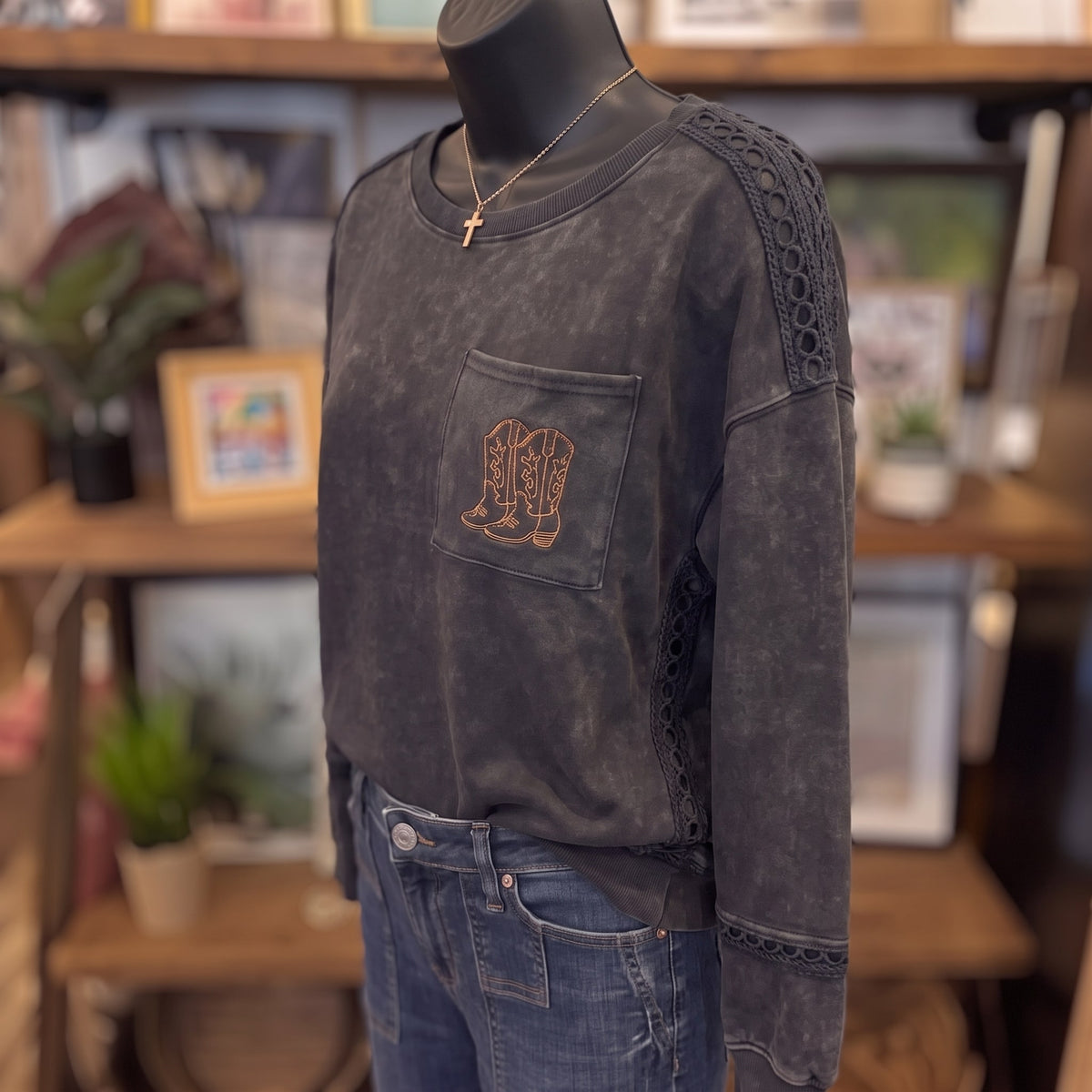 Mineral Washed Boot Long Sleeve Sweatshirt | Ash Black — Angled view on mannequin