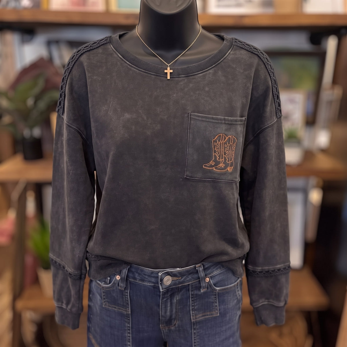 Mineral Washed Boot Long Sleeve Sweatshirt | Ash Black — Front view on mannequin