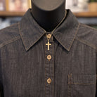 Button Down Ruffled Hem Blouse | Black Denim — Fabric and detail close-up