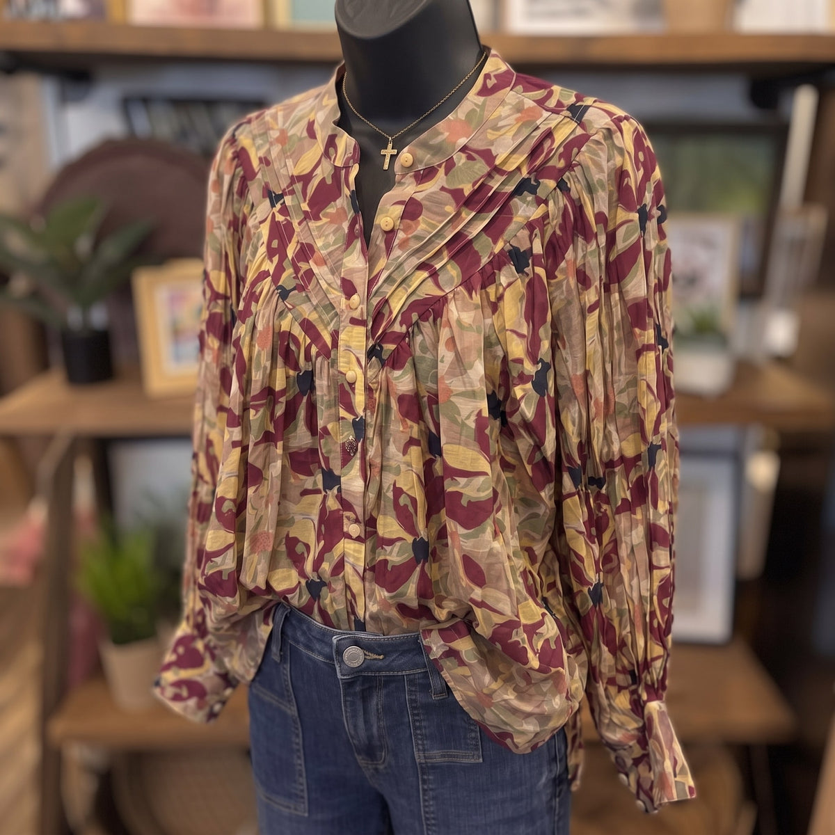 Button Down Botanical Printed Blouse | Wine Botanical — Angled view on mannequin