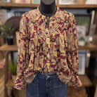 Button Down Botanical Printed Blouse | Wine Botanical — Front view on mannequin