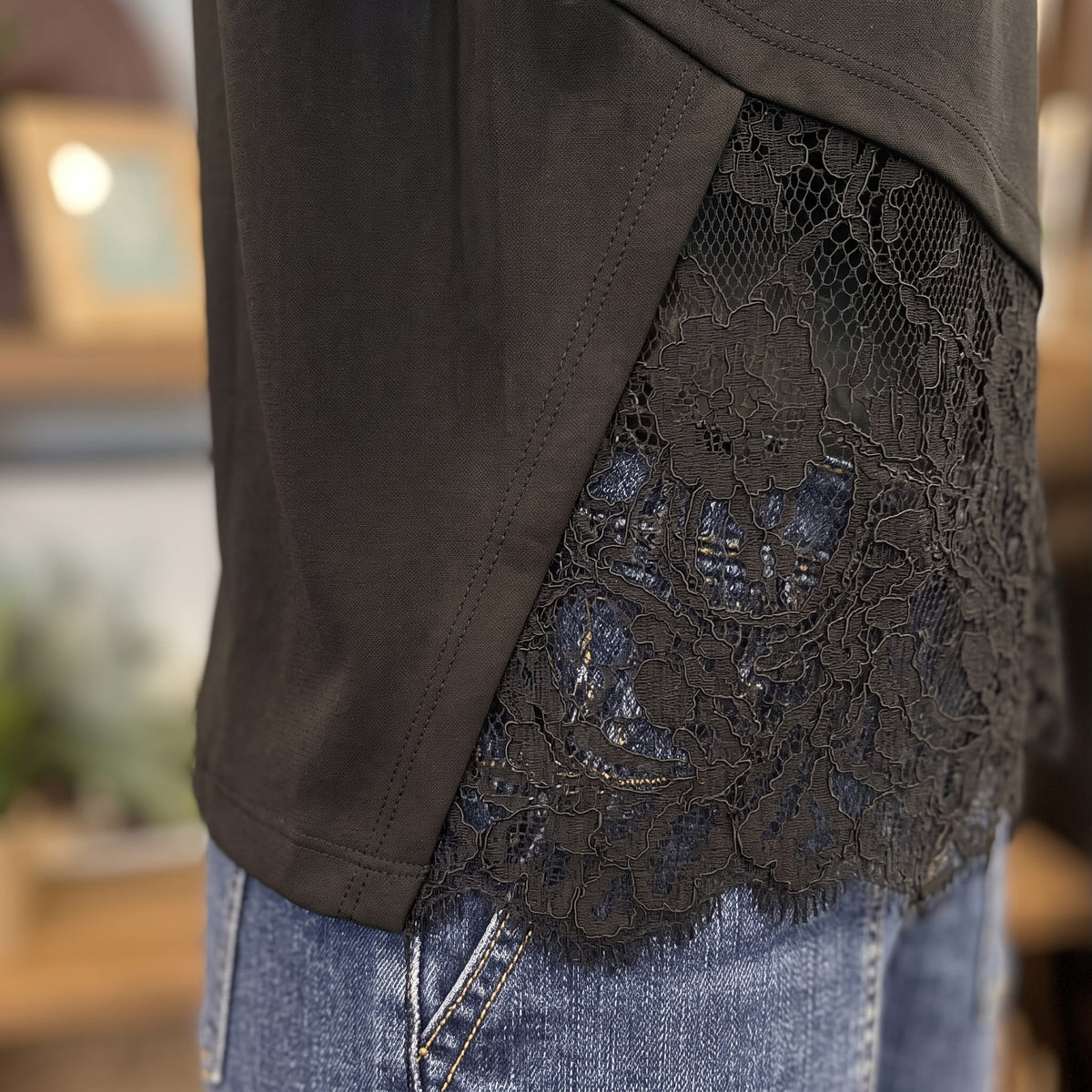 Floral Lace Trimmed Asymmetrical T-Shirt | Black — Fabric and detail close-up