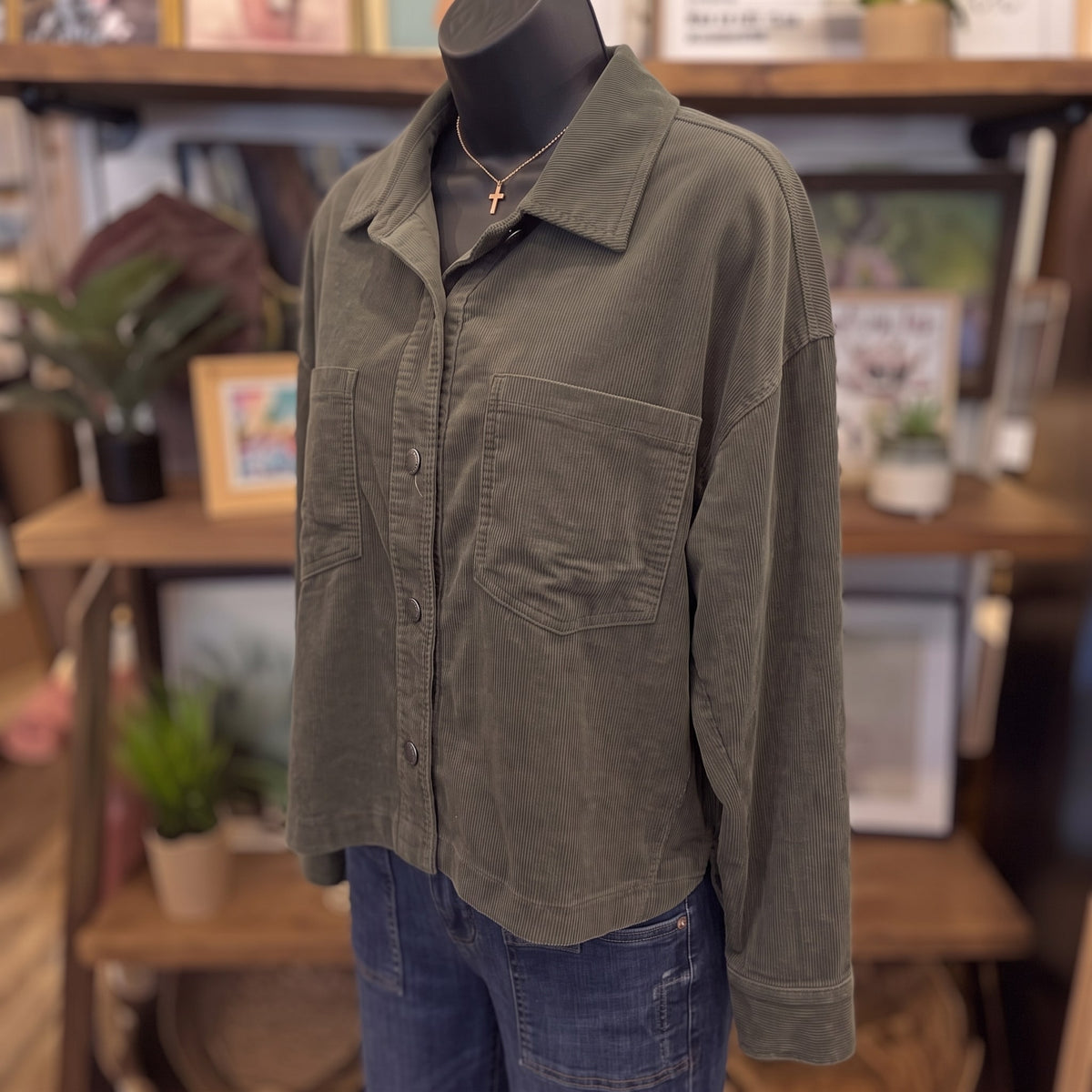 Be Cool Corduroy Rounded Hem Cropped Shacket | Hunter — Angled view