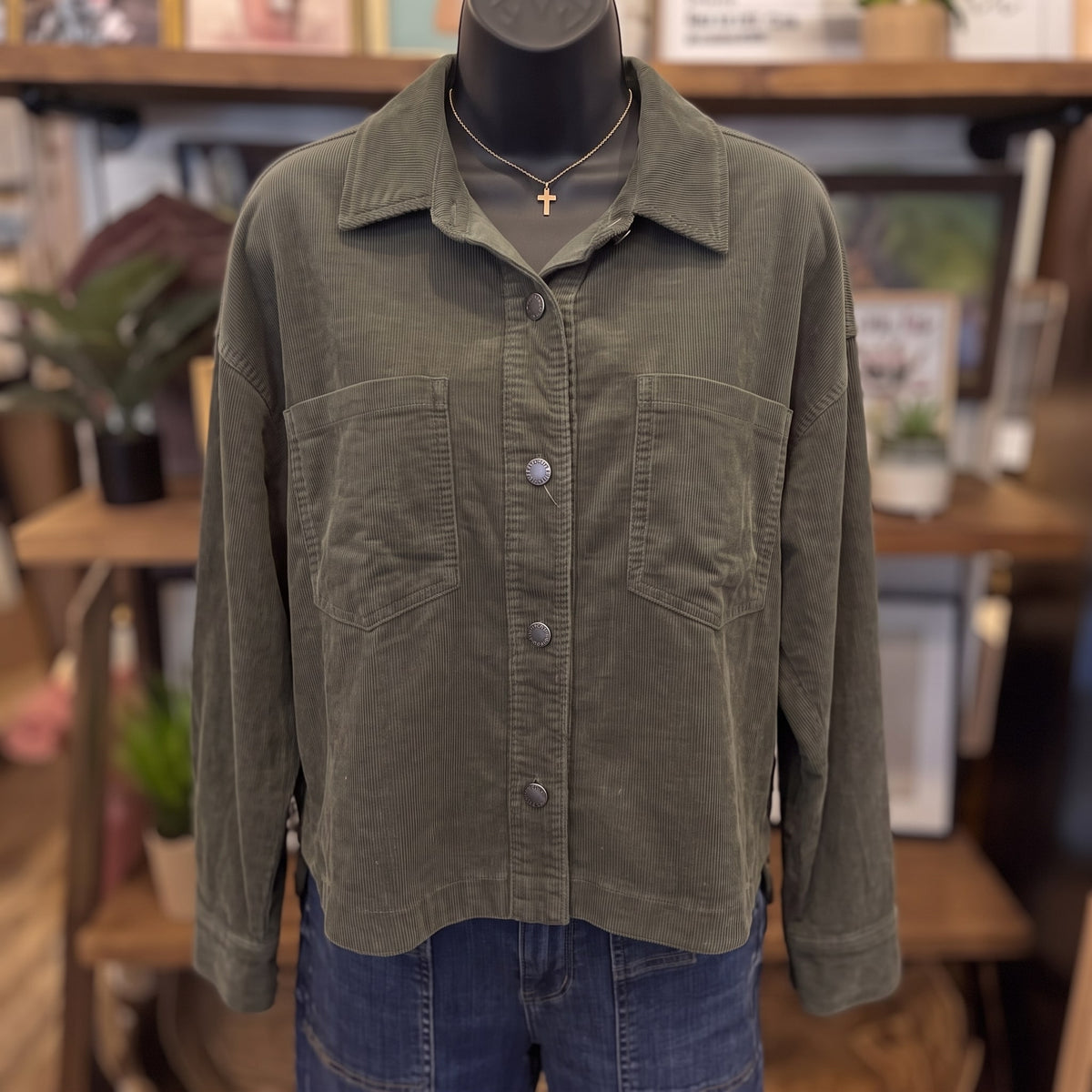 Be Cool Corduroy Rounded Hem Cropped Shacket | Hunter — Front view