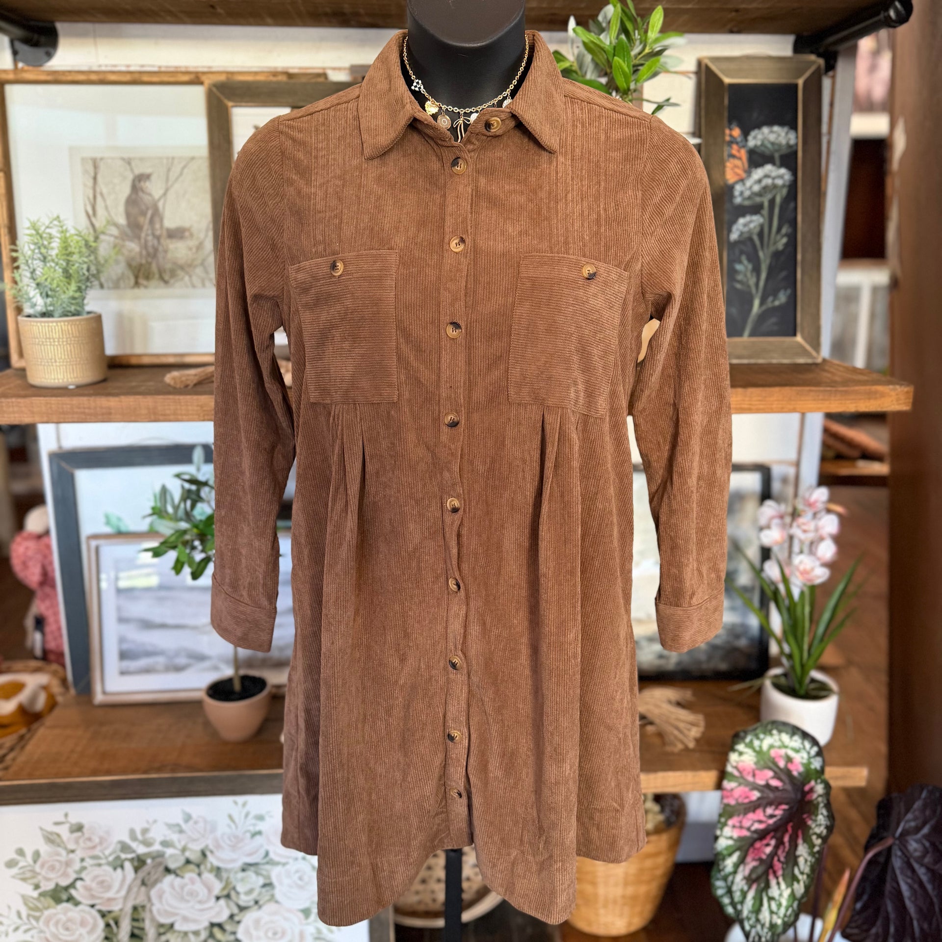 Corduroy Pintuck Detail Mini Shirt Dress | Mocha M