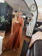 Adjustable Strap Flowy Jumper |  Burnt Orange OSFM — Worn by model