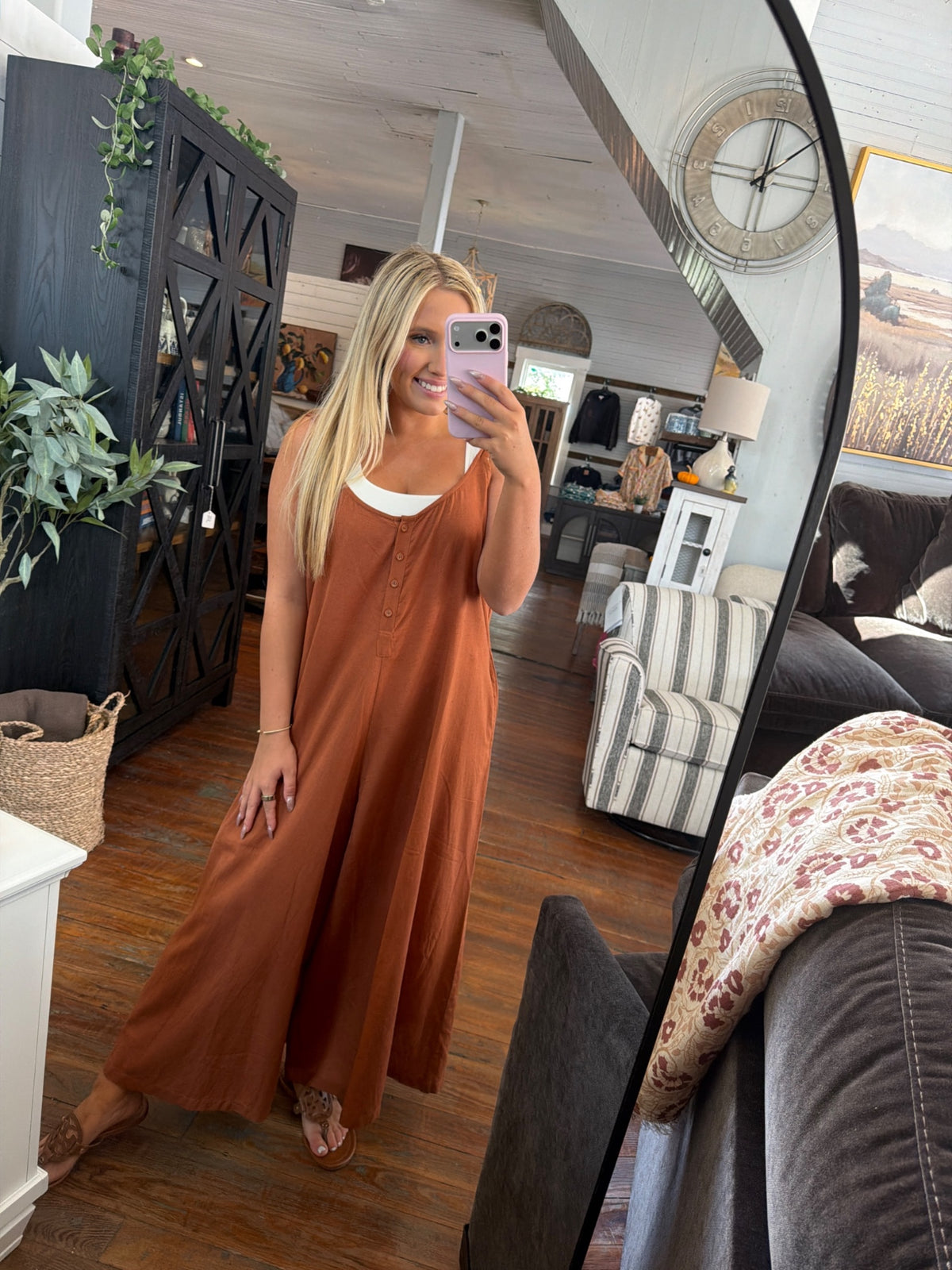 Adjustable Strap Flowy Jumper |  Burnt Orange OSFM — Worn by model