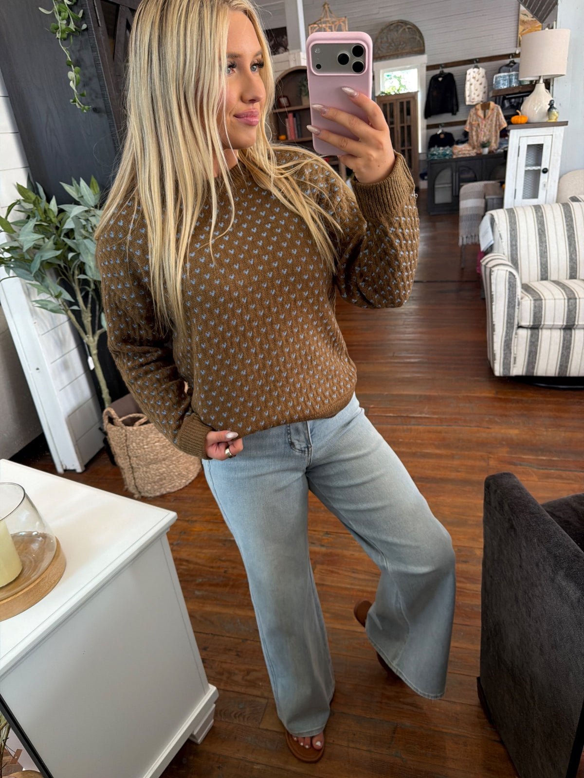 Be Cool Polka Dot Sweater | Brown — Worn by model