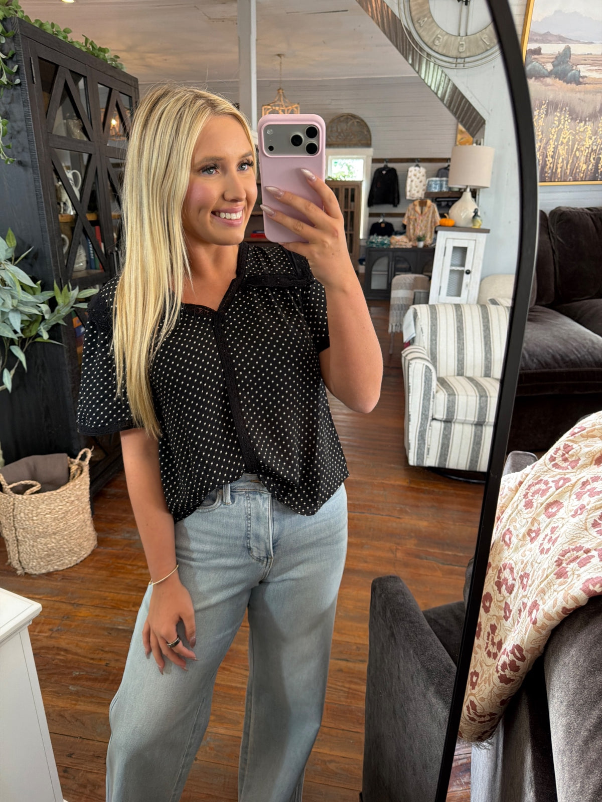 Delaney Polka Dot Lace Blouse | Black — Worn by model
