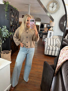 Half Sleeve Button Down Knit Cardigan | Soft Mocha — Worn by model