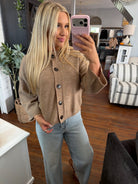 Half Sleeve Button Down Knit Cardigan | Soft Mocha — Worn by model