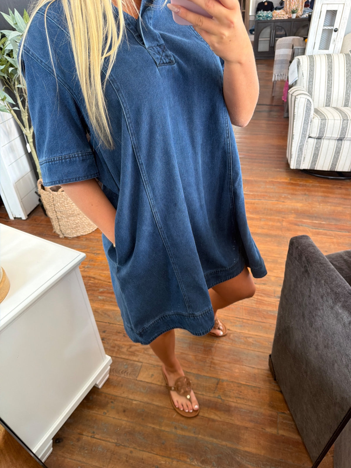 Lyocell Denim Short Sleeve Mini Shirt Dress | Medium Denim — Worn by model