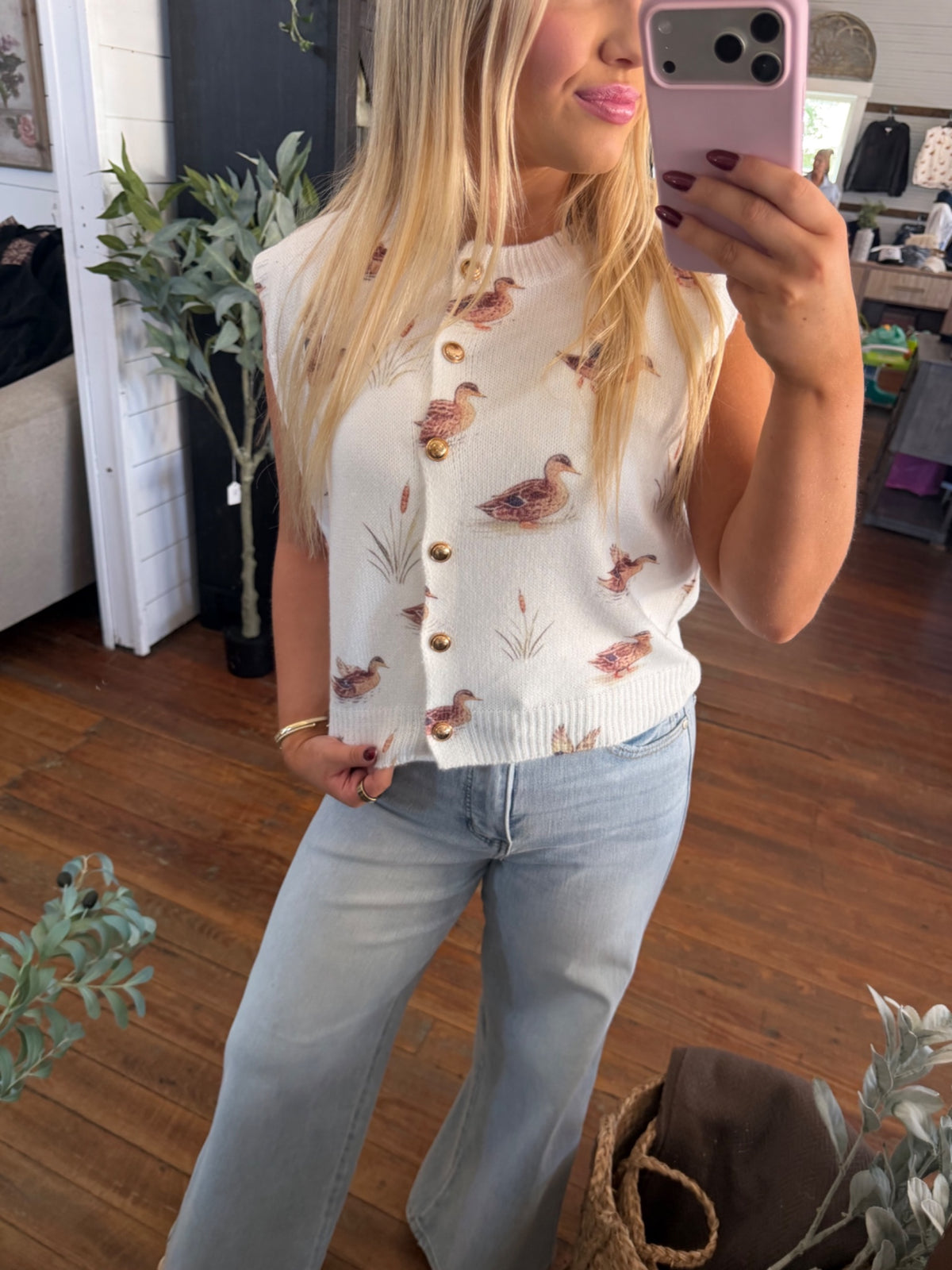 Mallard Print Button Down Sweater Vest | Ivory — Worn by model