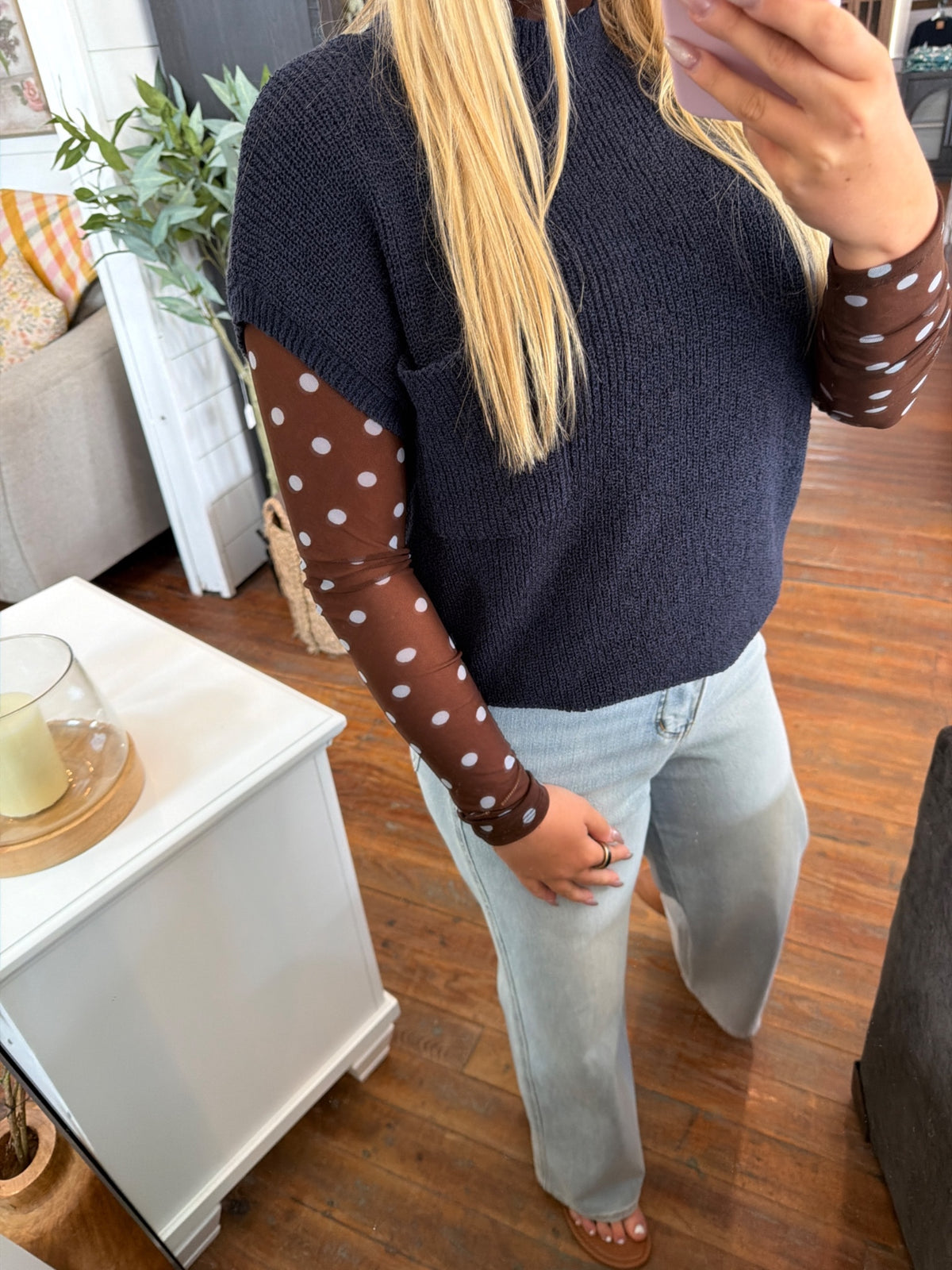Polka Dot Mesh Mock Neck Top | Chocolate Brown — Worn by model