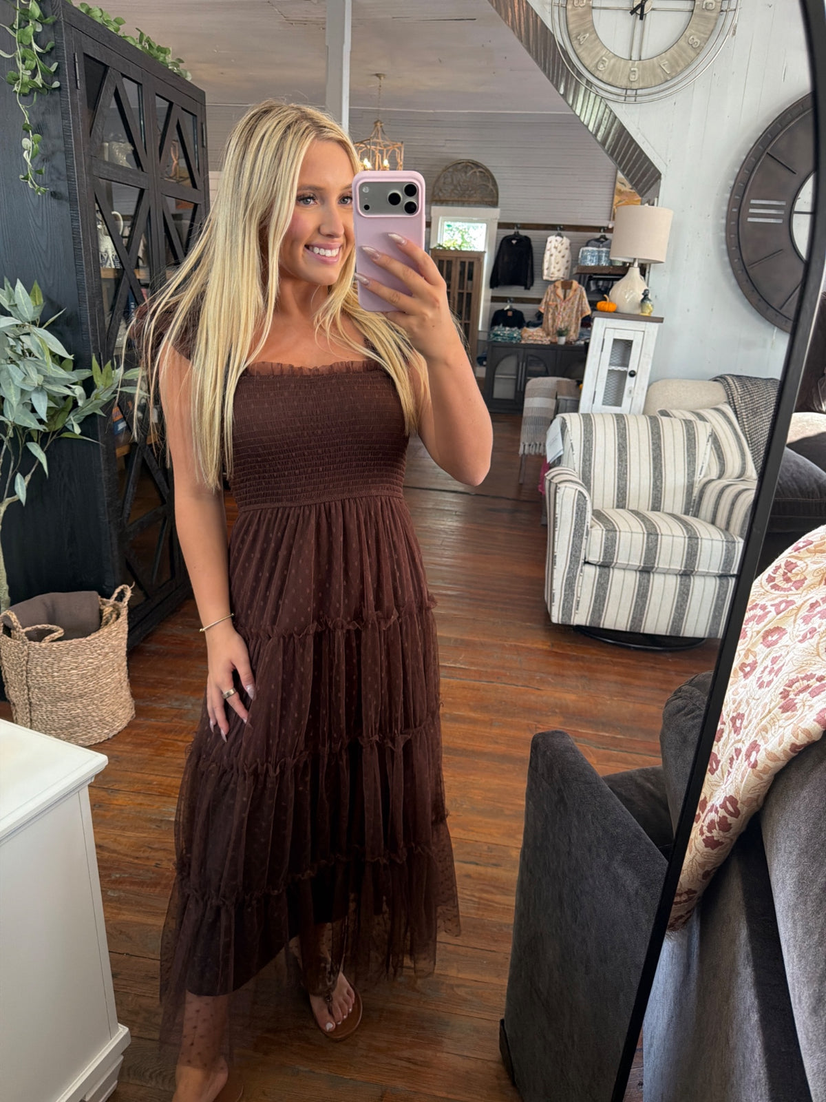 Polka Dot Tiered Midi Dress | Brown — Worn by model