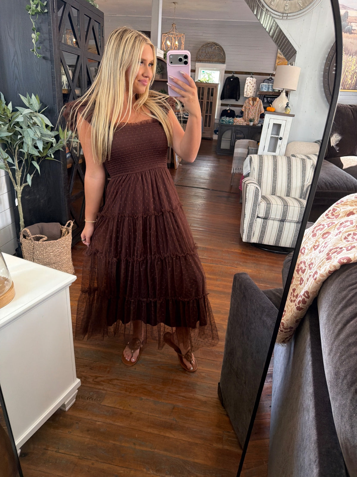 Polka Dot Tiered Midi Dress | Brown — Worn by model