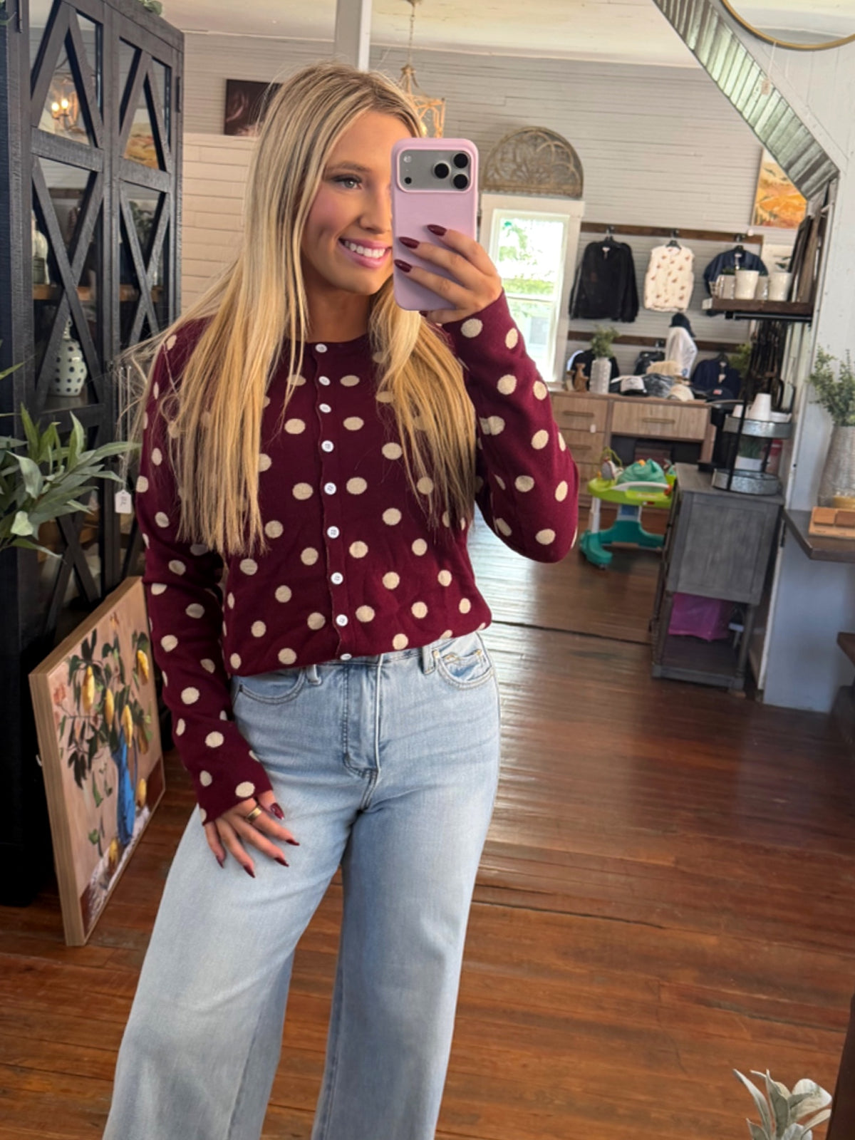 Reversible Polka Dot Sweater Cardigan | Merlot Oatmeal — Worn by model